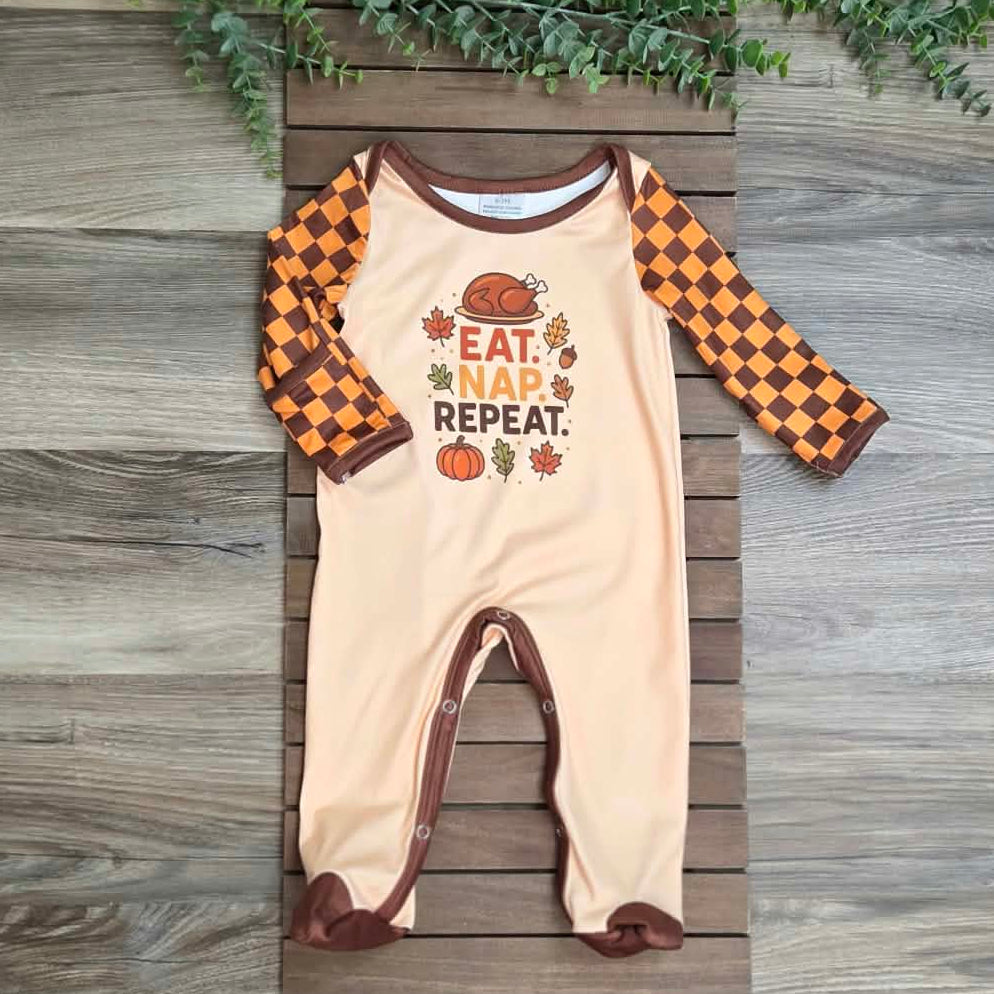 Eat, Nap, Repeat Thanksgiving Baby Footed Romper A Touch of Magnolia Boutique