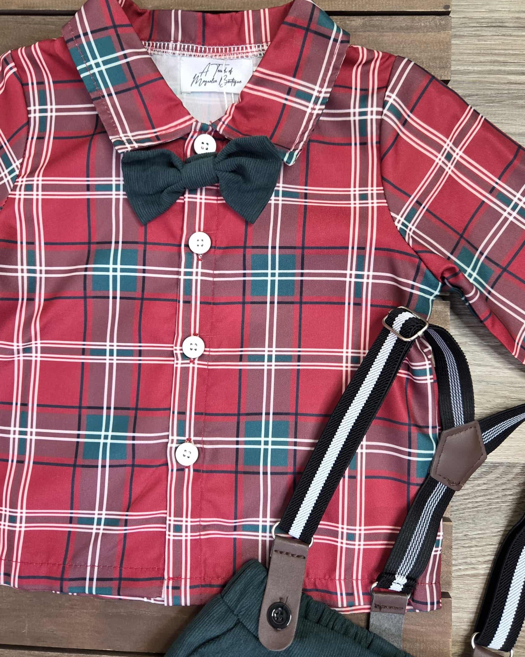 Holiday Plaid Button Front Top with Green Suspender Pants Outfit- Baby & Toddler Boys A Touch of Magnolia Boutique