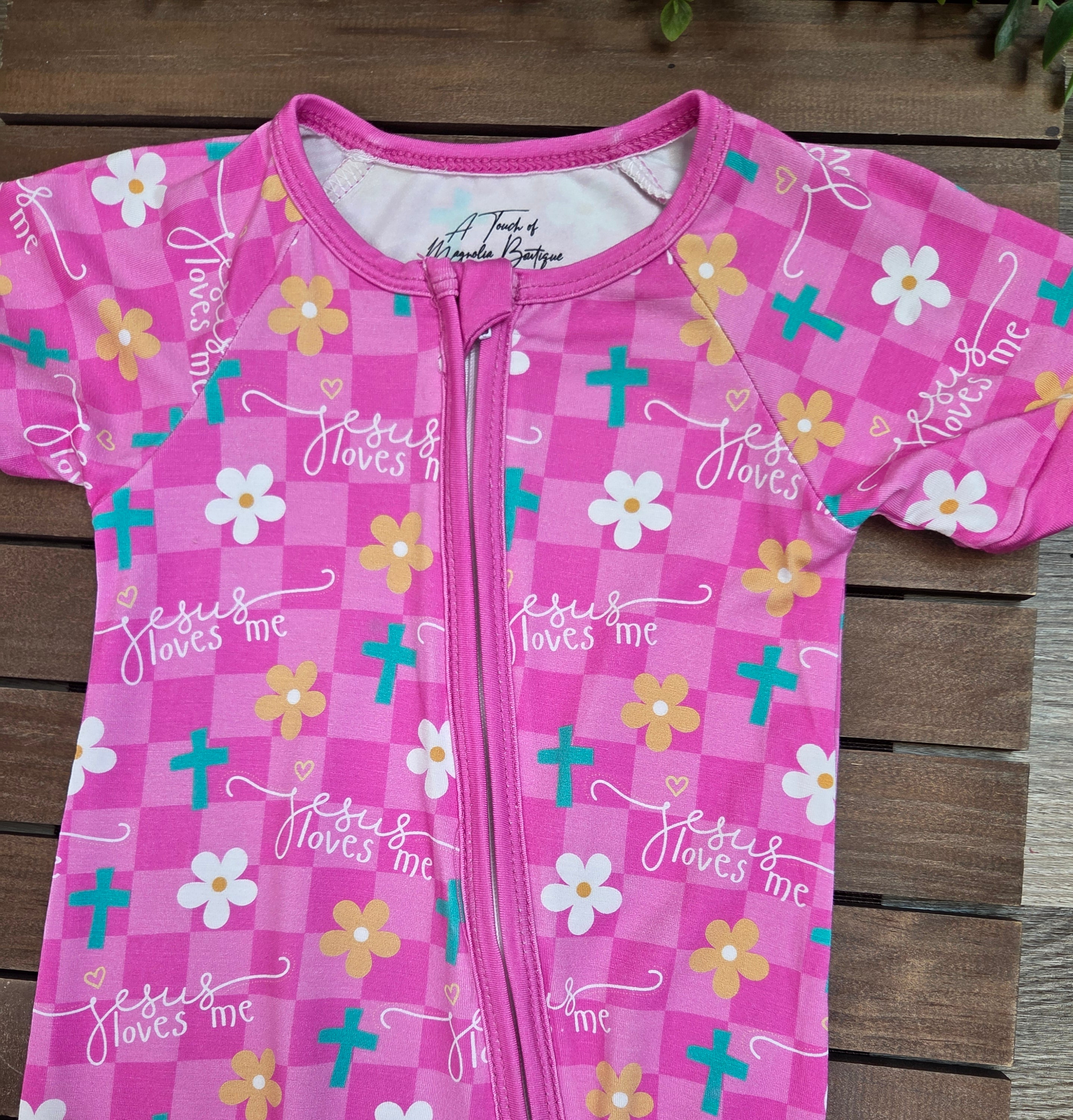 Bamboo Jesus Loves Me Baby Zippie Shorts Romper/Sleeper A Touch of Magnolia Boutique