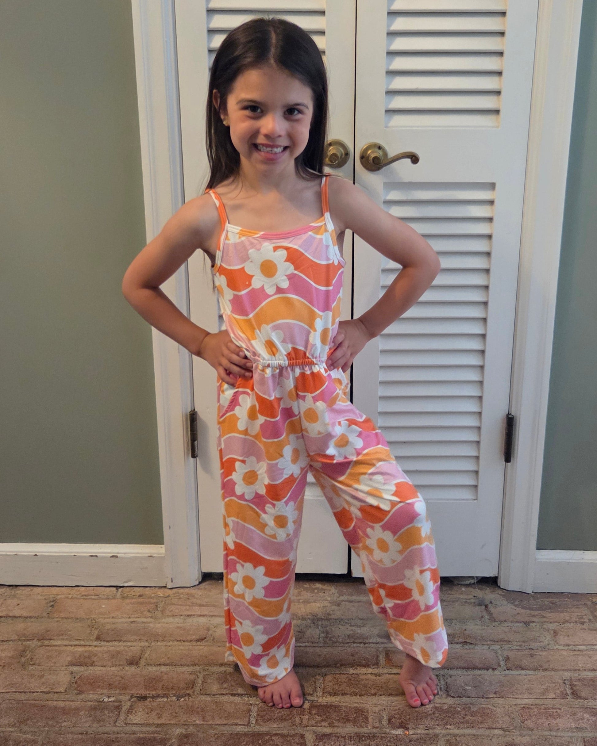 Tangerine & Pink Retro Floral Jumpsuit with Pockets A Touch of Magnolia Boutique