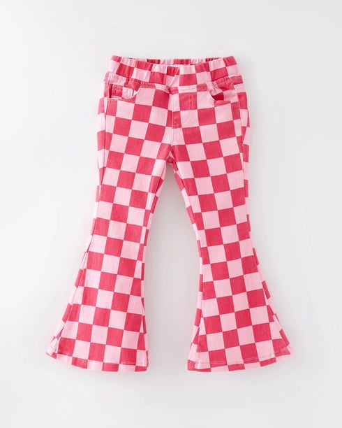 Pink Checkered Print Flared Jeans w/ Elastic Waistband A Touch of Magnolia Boutique