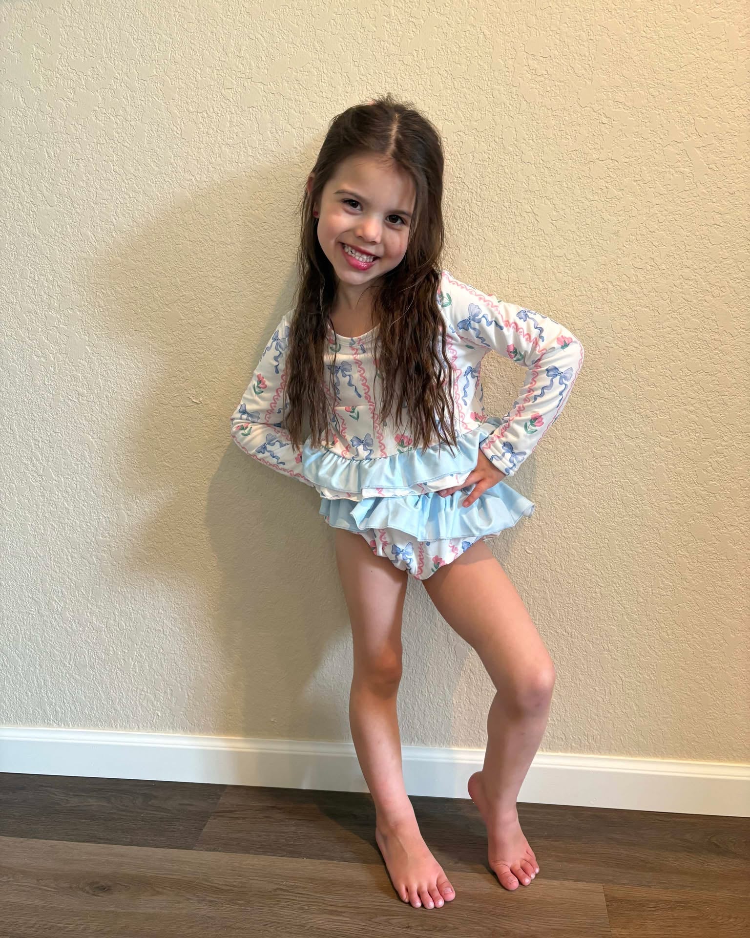 Blue Floral Bow Ruffle Rashguard Two Piece Swimsuit A Touch of Magnolia Boutique