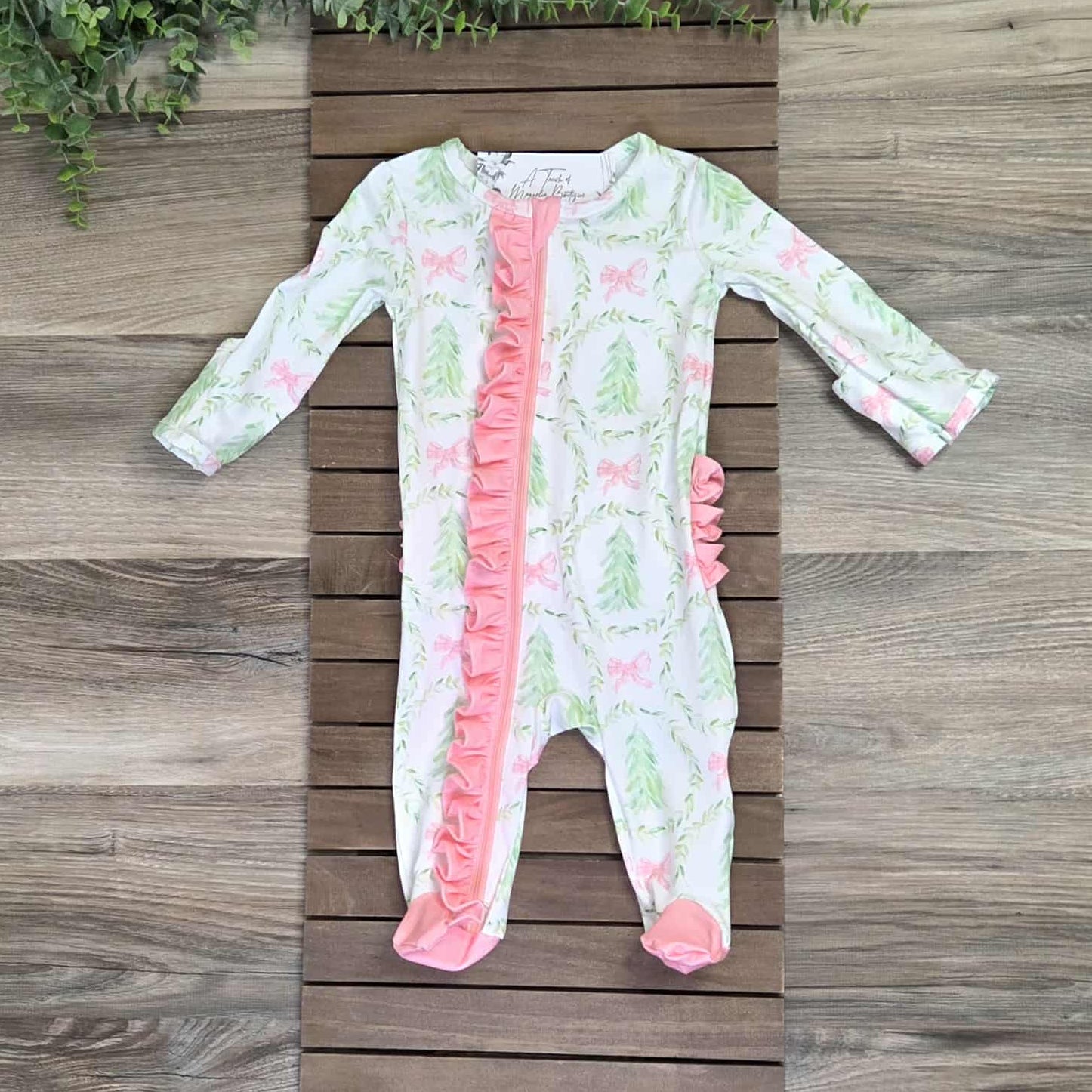 Holiday Wreath with Trees and Bows Baby Girl Zipper Romper A Touch of Magnolia Boutique