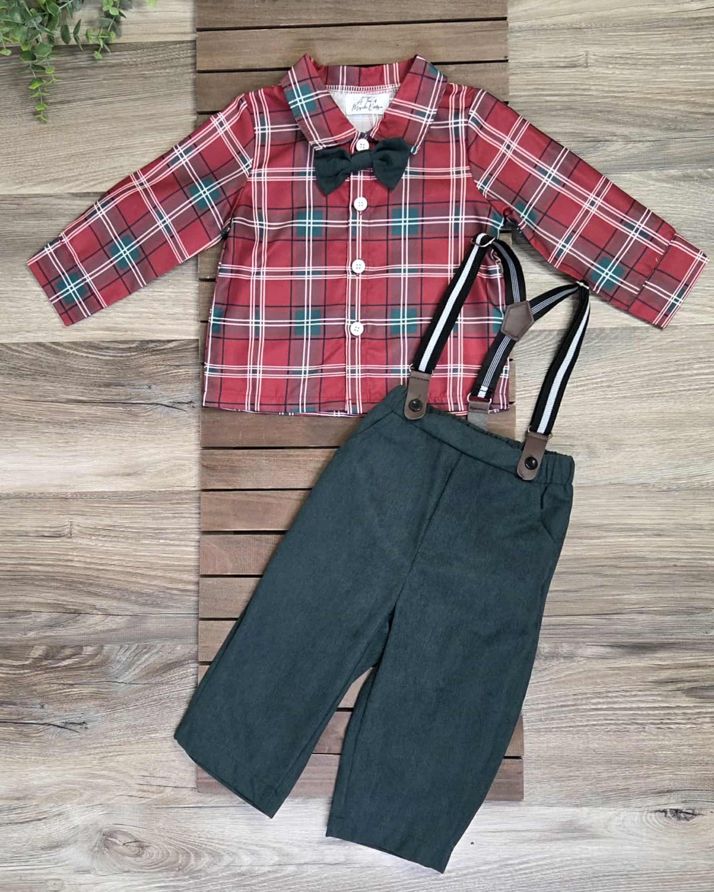 Holiday Plaid Button Front Top with Green Suspender Pants Outfit- Baby & Toddler Boys A Touch of Magnolia Boutique
