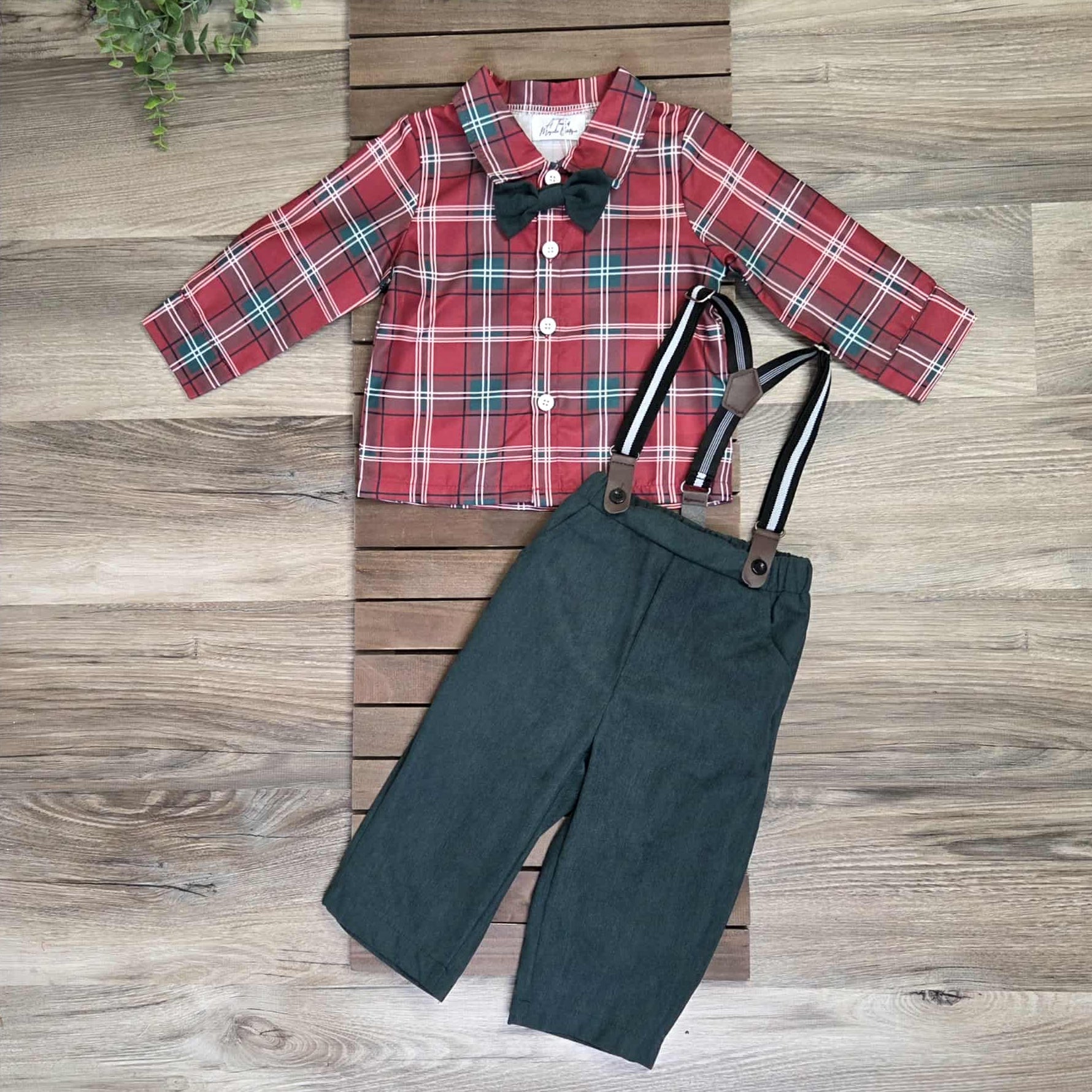 Holiday Plaid Button Front Top with Green Suspender Pants Outfit- Baby & Toddler Boys A Touch of Magnolia Boutique