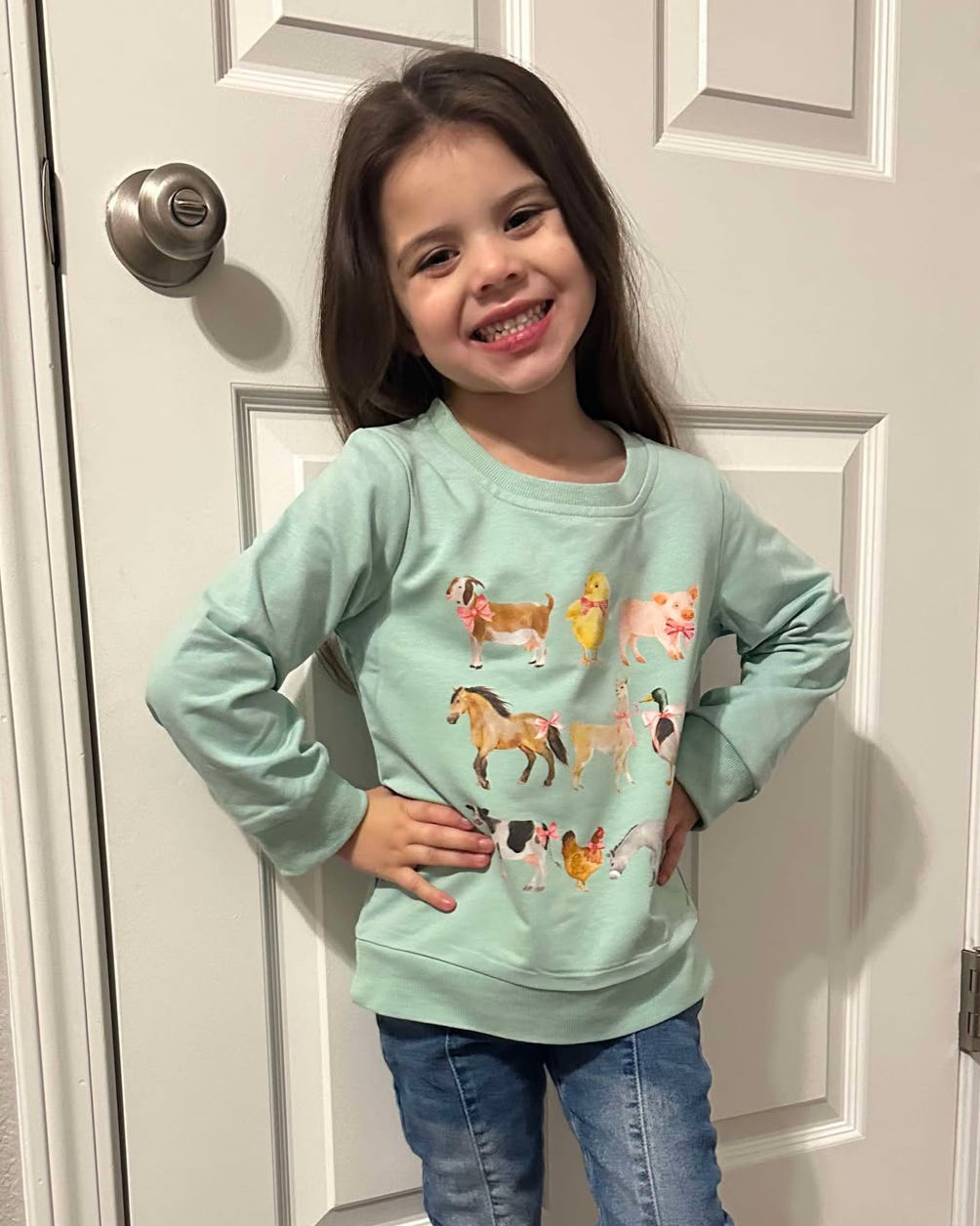 Green Farm Animals with Pink Bows Top A Touch of Magnolia Boutique