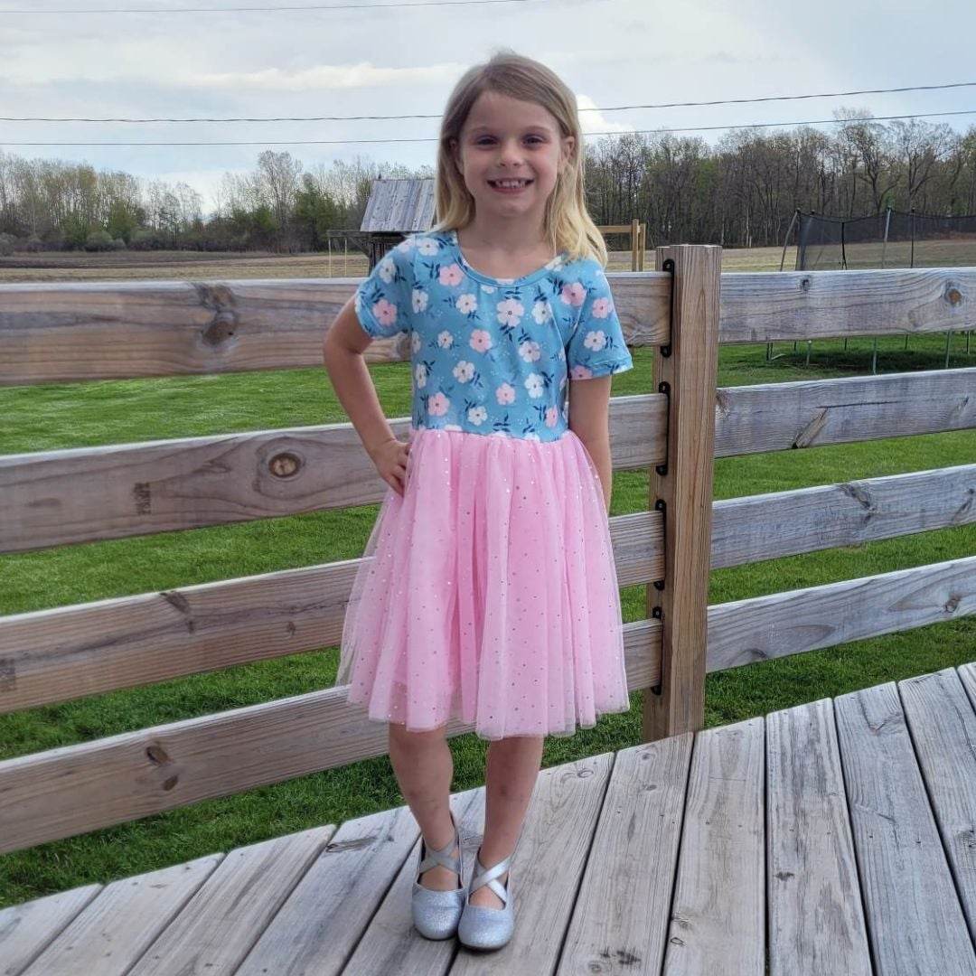 Dusty Blue Floral & Pink Tulle Dress A Touch of Magnolia Boutique