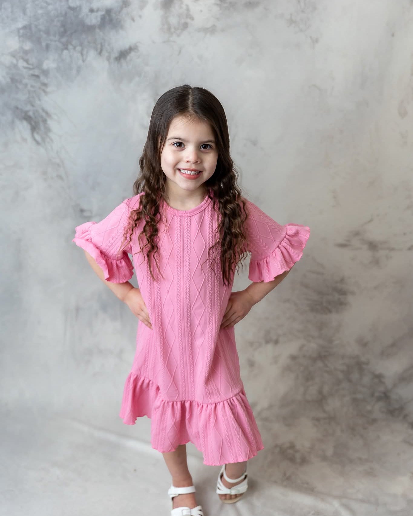 Pink Jacquard Half Sleeve Ruffle Dress A Touch of Magnolia Boutique