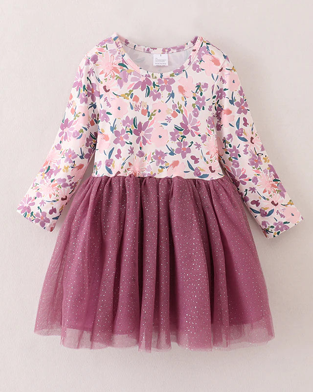 Floral Dark Mauve Sparkling Tulle Dress A Touch of Magnolia Boutique