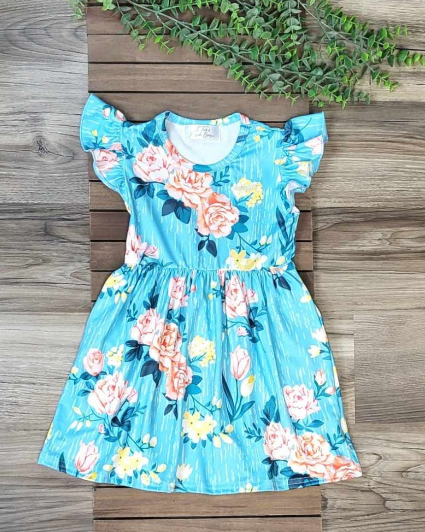 Girls Blue Floral Flutter Sleeve Dress A Touch of Magnolia Boutique