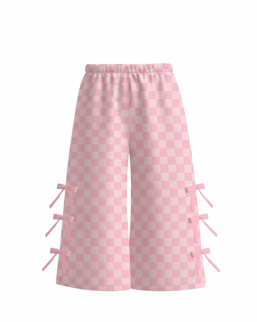 Pink Checkered Wide Leg Pants with Bow Accents A Touch of Magnolia Boutique