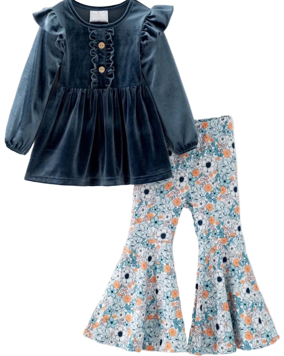 Steel Blue Velvet Top and Floral Bell Set A Touch of Magnolia Boutique