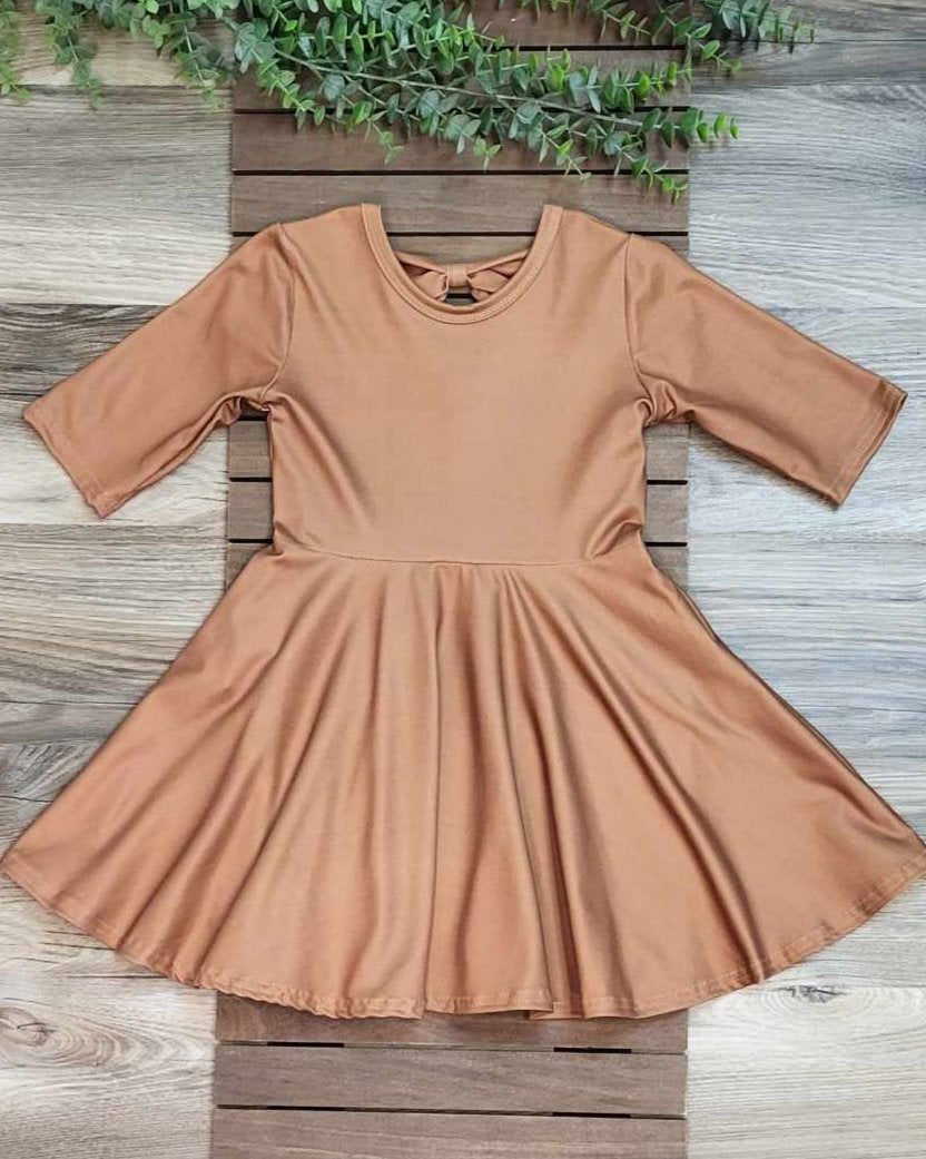 Autumn Brown Bow Back 3/4 Sleeve Twirl Dress A Touch of Magnolia Boutique