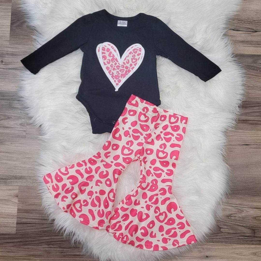 Baby Girl Heart Onesie and PInk Leopard Bell Set  A Touch of Magnolia Boutique   