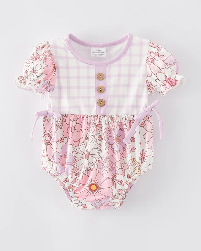 Baby Girl Light Purple Plaid and Floral Print Romper A Touch of Magnolia Boutique