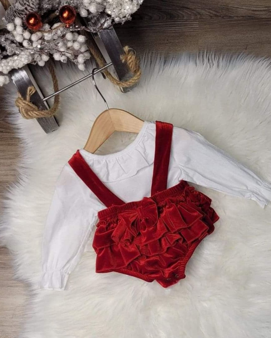 Baby Girl Red Velvet Ruffle Suspender Romper  A Touch of Magnolia Boutique   