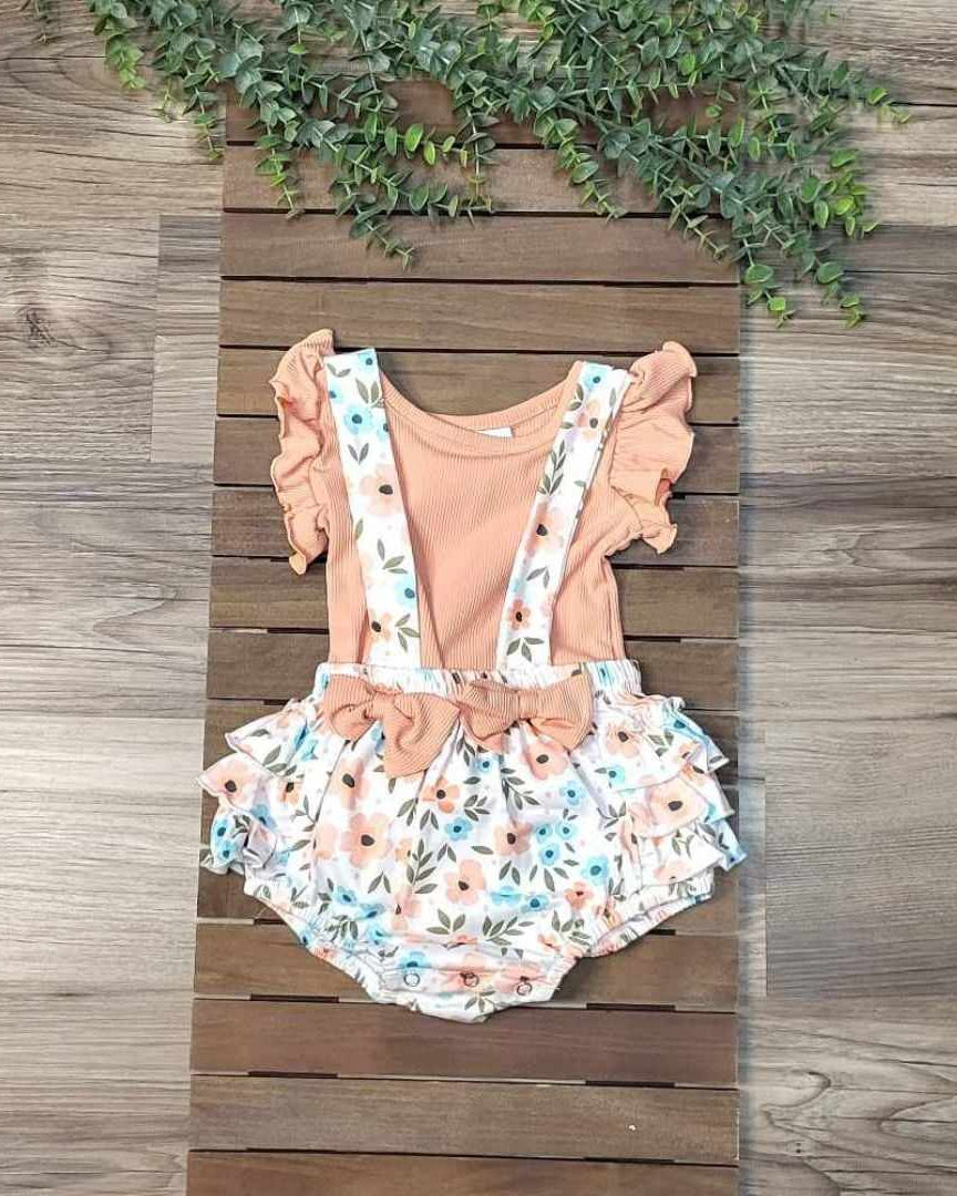 Baby Girl Ribbed Top and Floral Suspender Ruffle Shorts Set A Touch of Magnolia Boutique