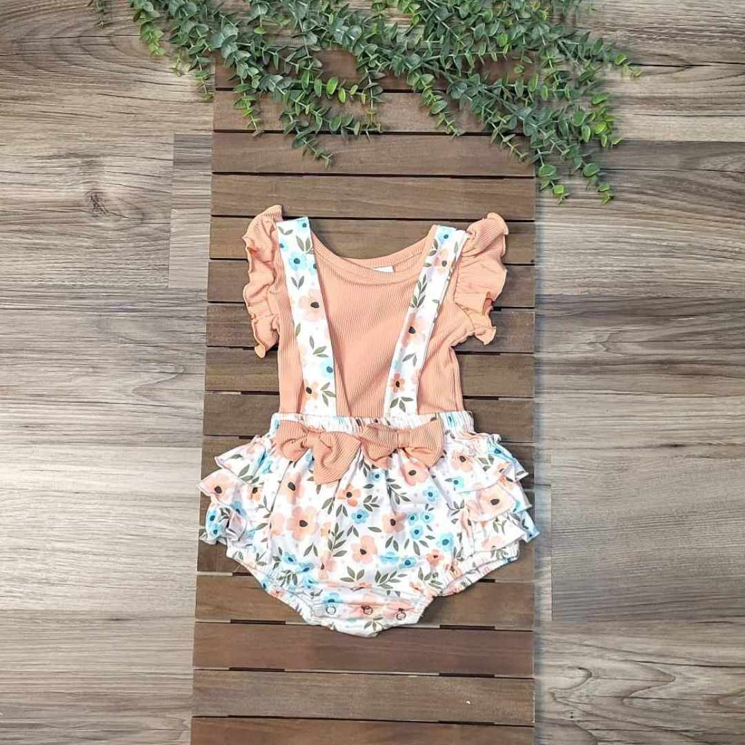 Baby Girl Ribbed Top and Floral Suspender Ruffle Shorts Set A Touch of Magnolia Boutique