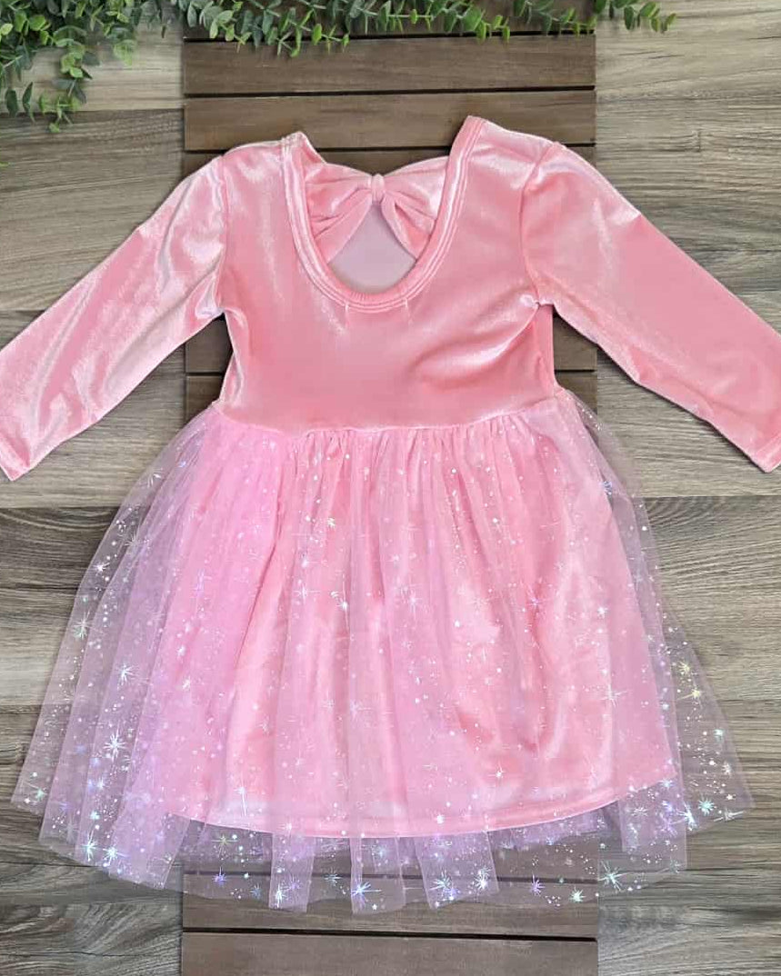 Pink Velvet Bow-Back Dress with Tulle Overlay A Touch of Magnolia Boutique