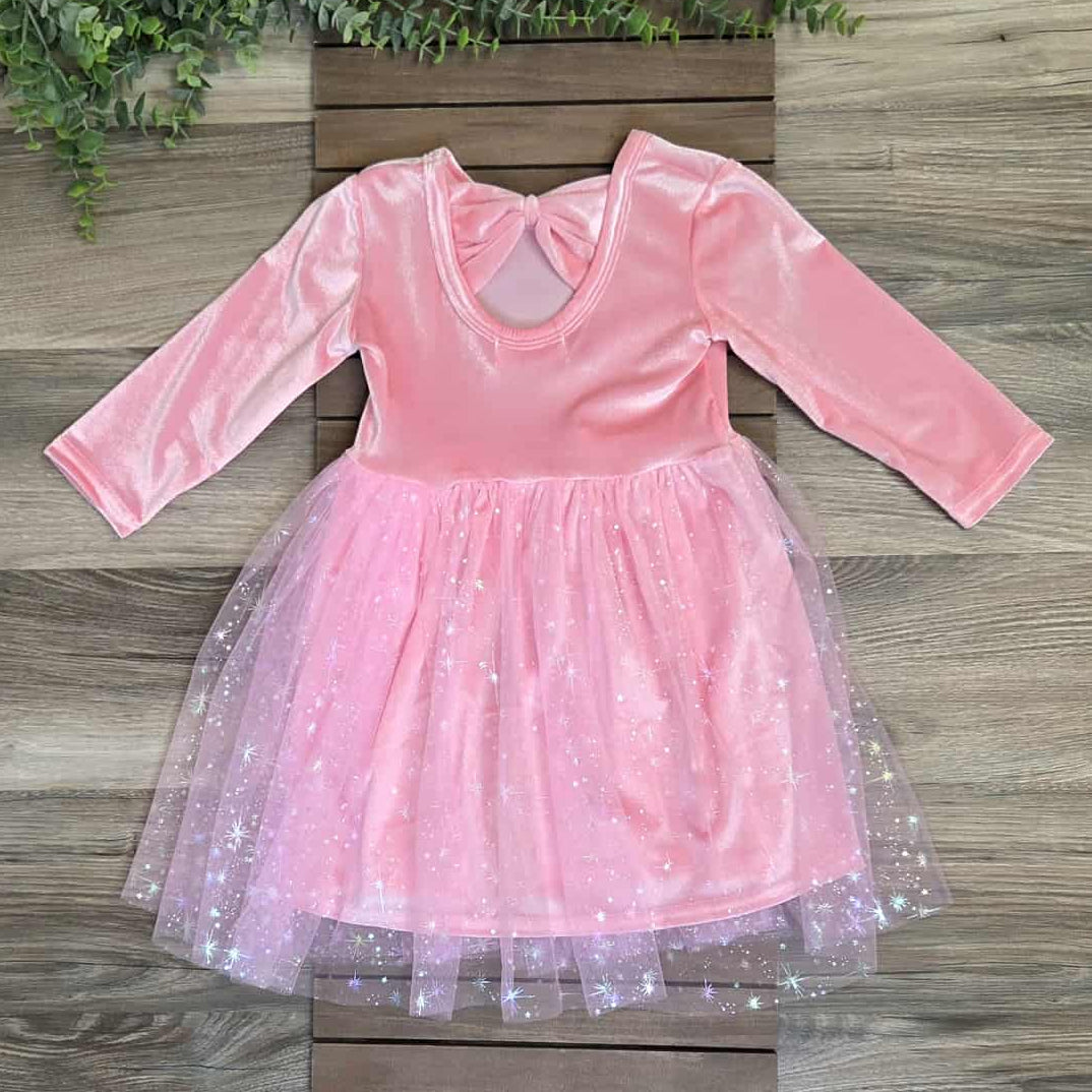 Pink Velvet Bow-Back Dress with Tulle Overlay A Touch of Magnolia Boutique