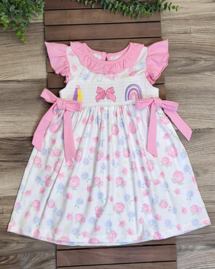Pink Flutter Sleeve Back to School Embroider Smocked Dress A Touch of Magnolia Boutique