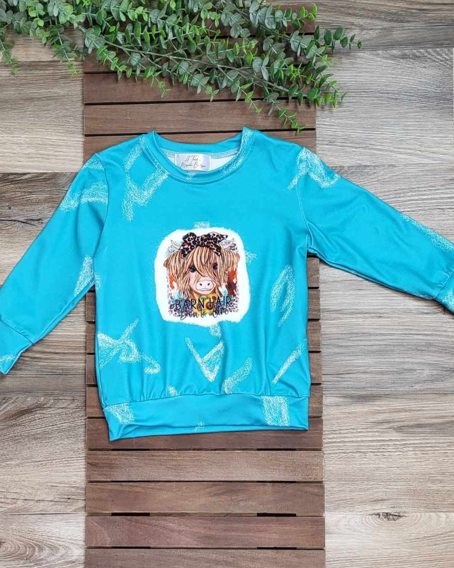 Teal Highland Cow "Barn Hair Don't Care" Top A Touch of Magnolia Boutique