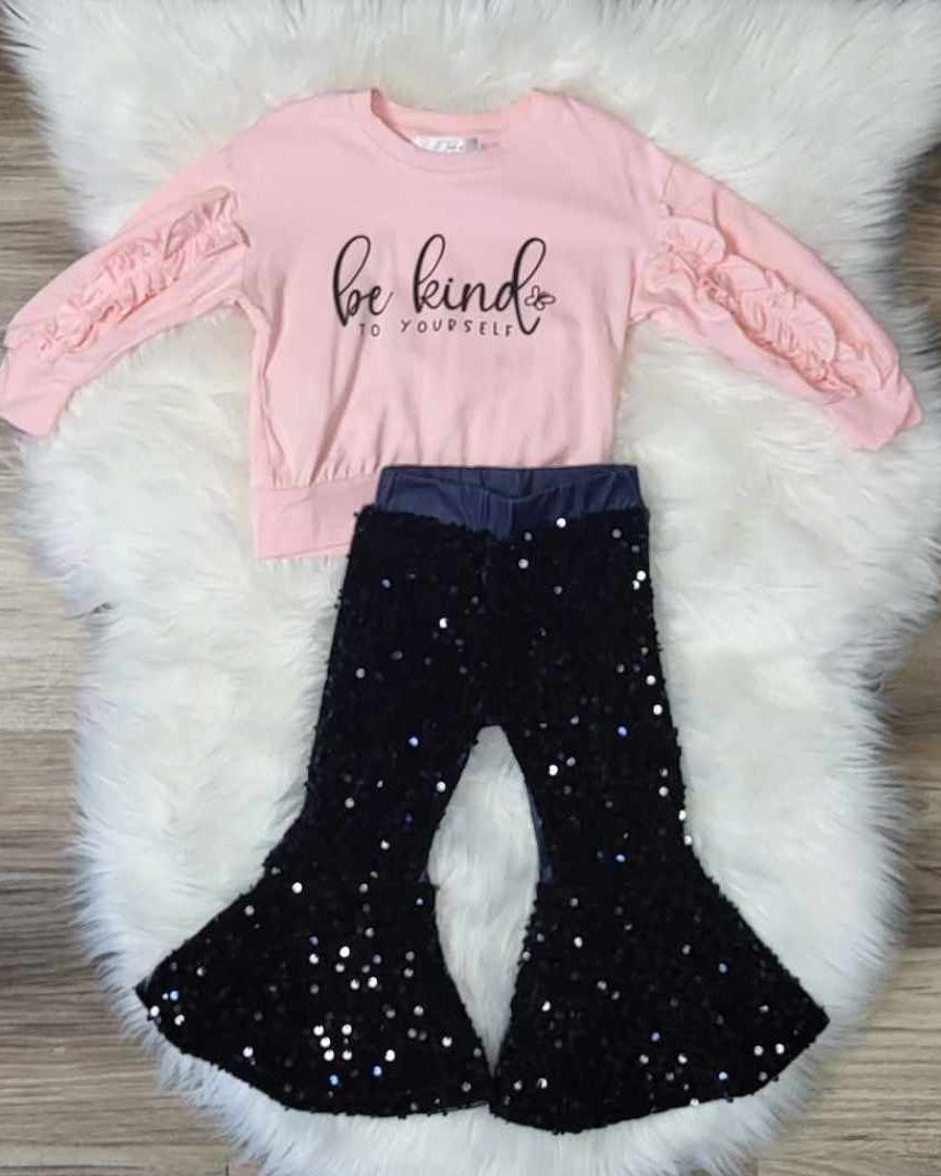 Be Kind Pink Ruffle Top and Black Sequin Bell Pants  A Touch of Magnolia Boutique   