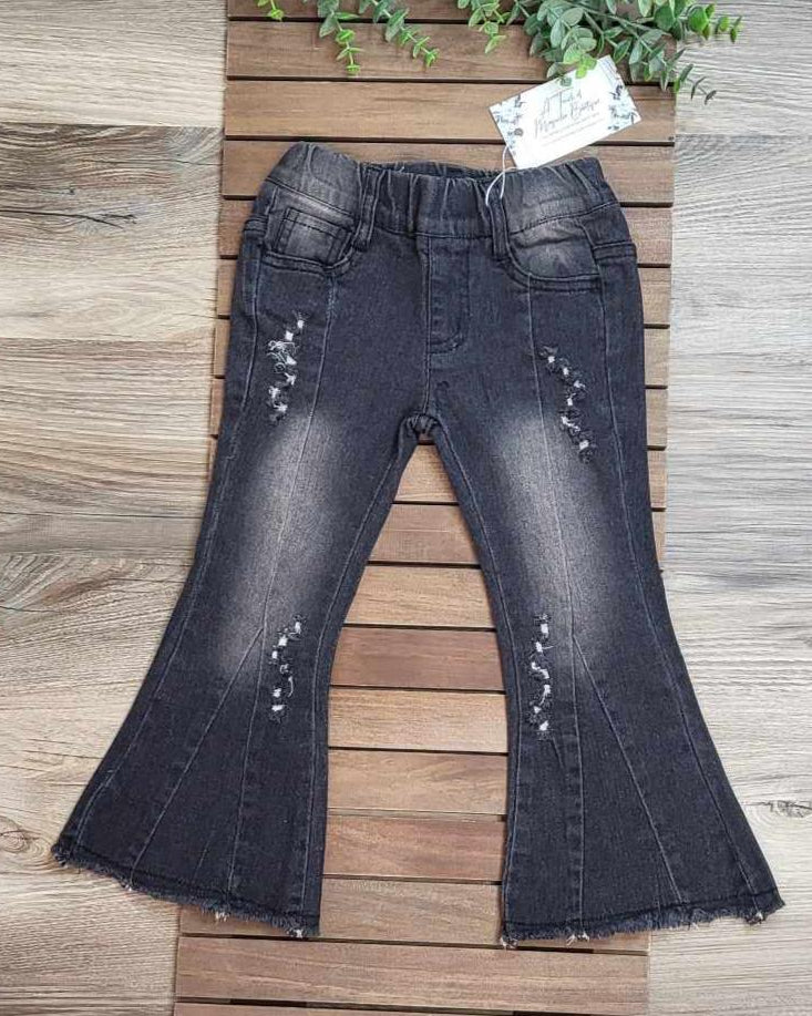 Black Wash Flare Denim Jeans with Raw Hemline A Touch of Magnolia Boutique