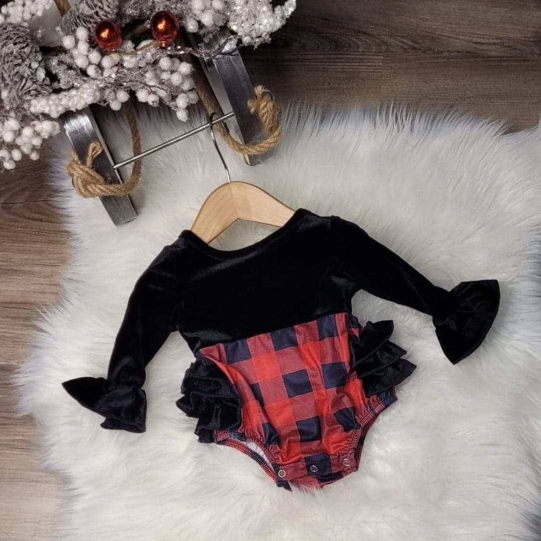 Black Velvet Bell Sleeve Buffalo Plaid Romper A Touch of Magnolia Boutique