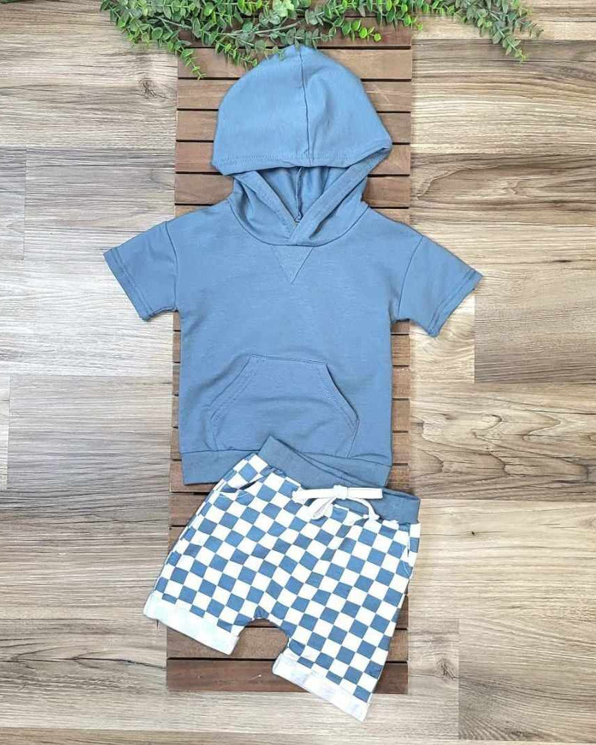 Blue Checked Shorts and Hooded Top Set A Touch of Magnolia Boutique