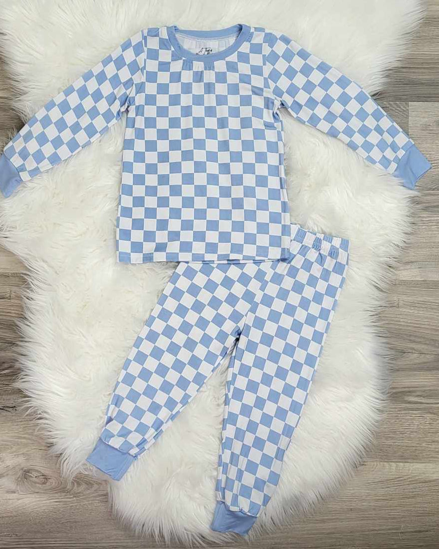 Bamboo Two-Piece Pajama Set-Blue Checkered Print A Touch of Magnolia Boutique