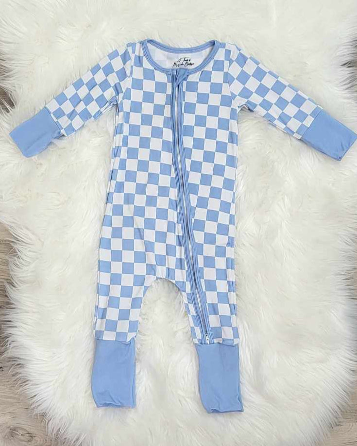 Bamboo Baby Zippie Sleeper/Romper- Blue Checkered Print A Touch of Magnolia Boutique