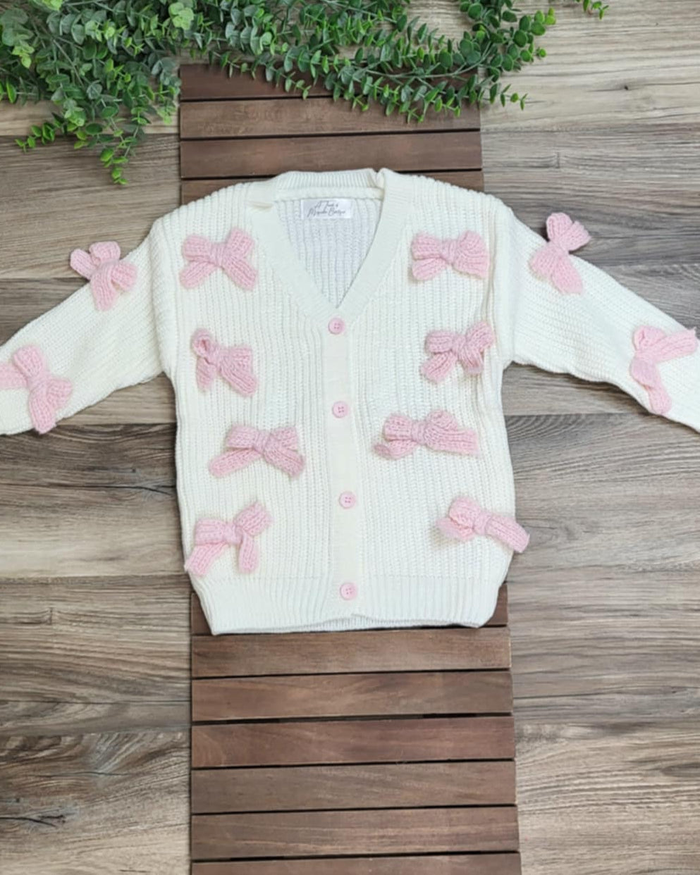 Cream V-Neck Cardigan with Pink Bows Sweater A Touch of Magnolia Boutique