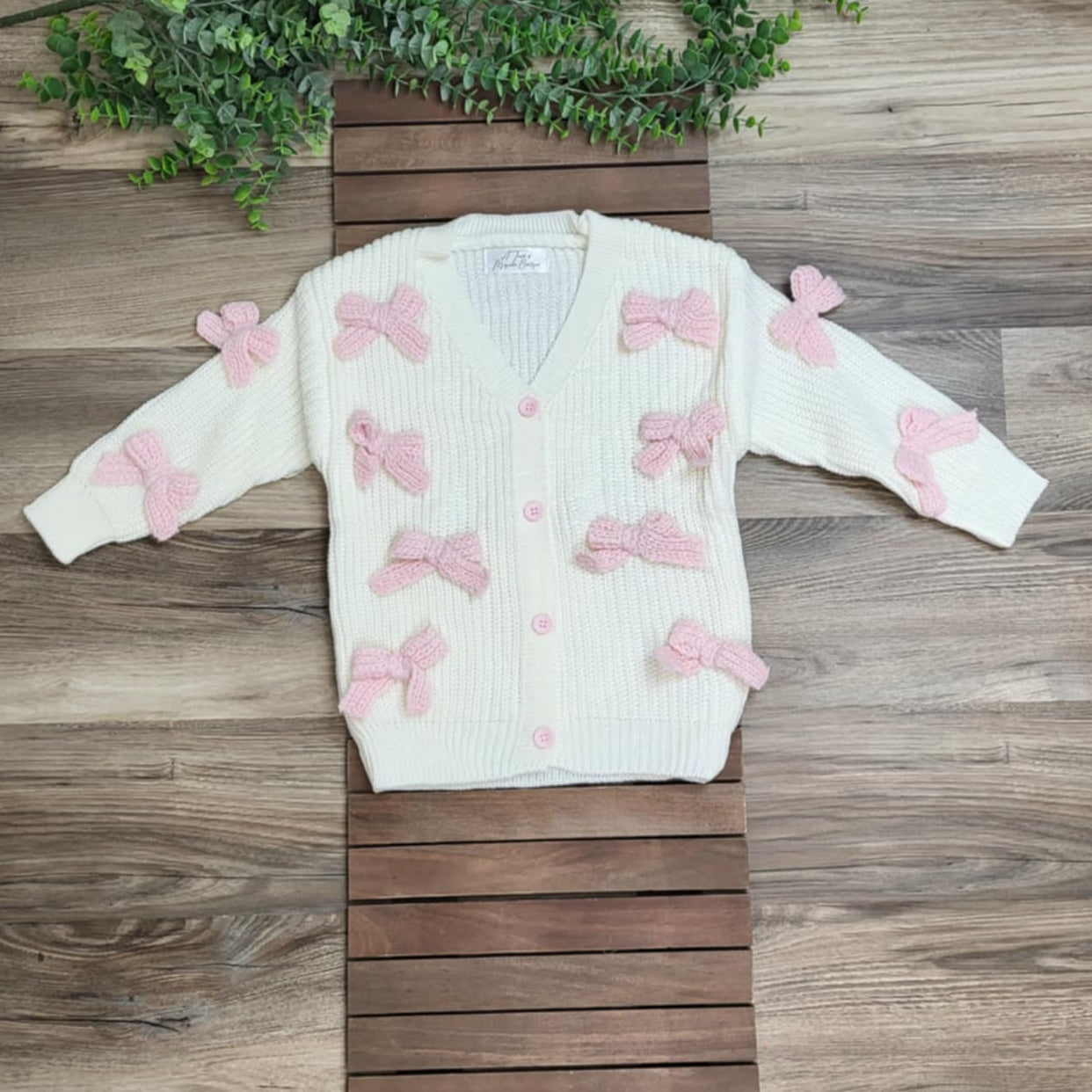 Cream V-Neck Cardigan with Pink Bows Sweater A Touch of Magnolia Boutique