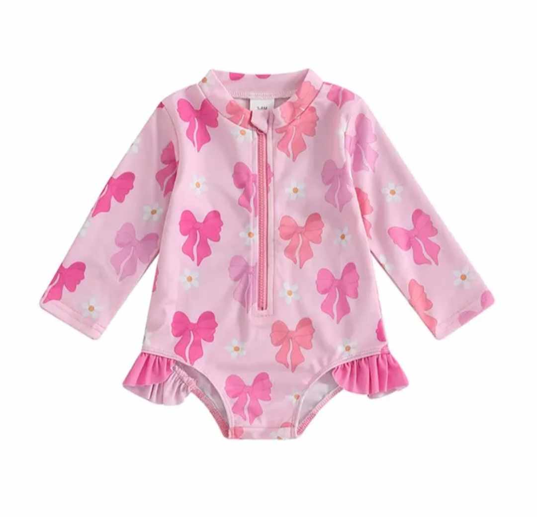 Rash Guard Zipper Bow Print Swimsuit-Baby Girl & Toddler A Touch of Magnolia Boutique