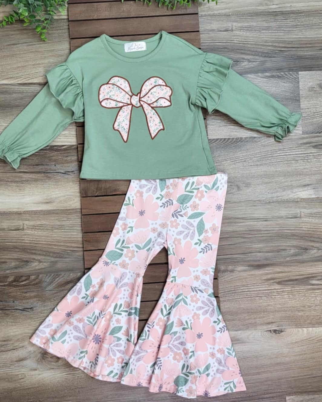 Sage Ruffle Bow Top and Floral Bell Bottom Pants Outfit Set A Touch of Magnolia Boutique