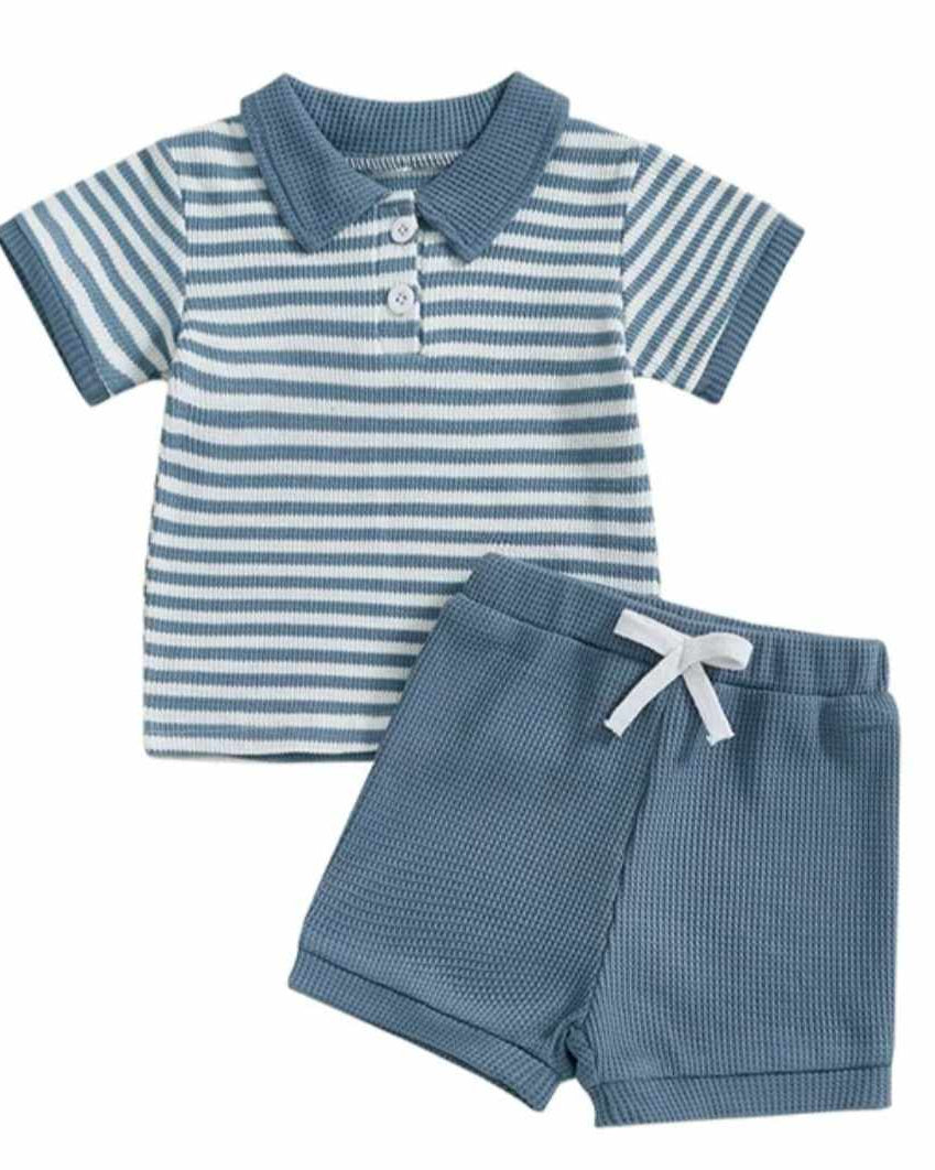 Blue Striped Collared Top and Blue Shorts Outfit Set- Baby and Toddler Boys A Touch of Magnolia Boutique