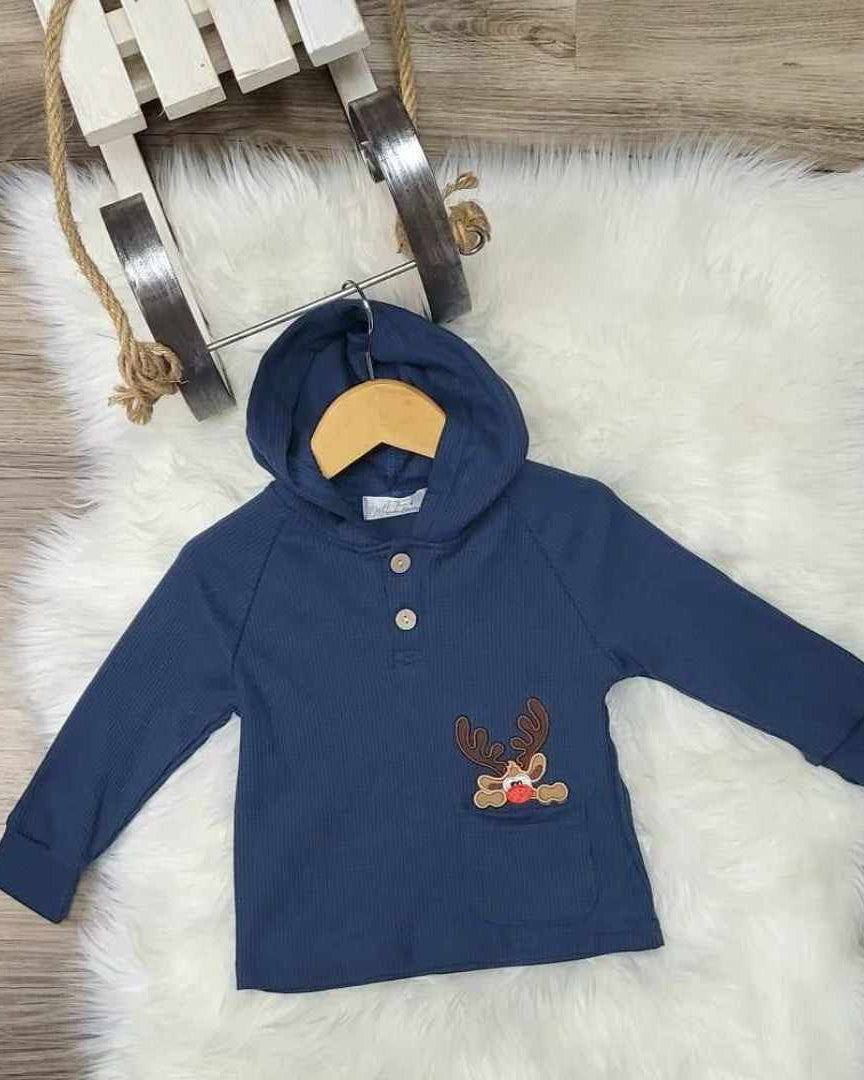 Boys Waffle Knit Hooded Red Nosed Deer Top A Touch of Magnolia Boutique