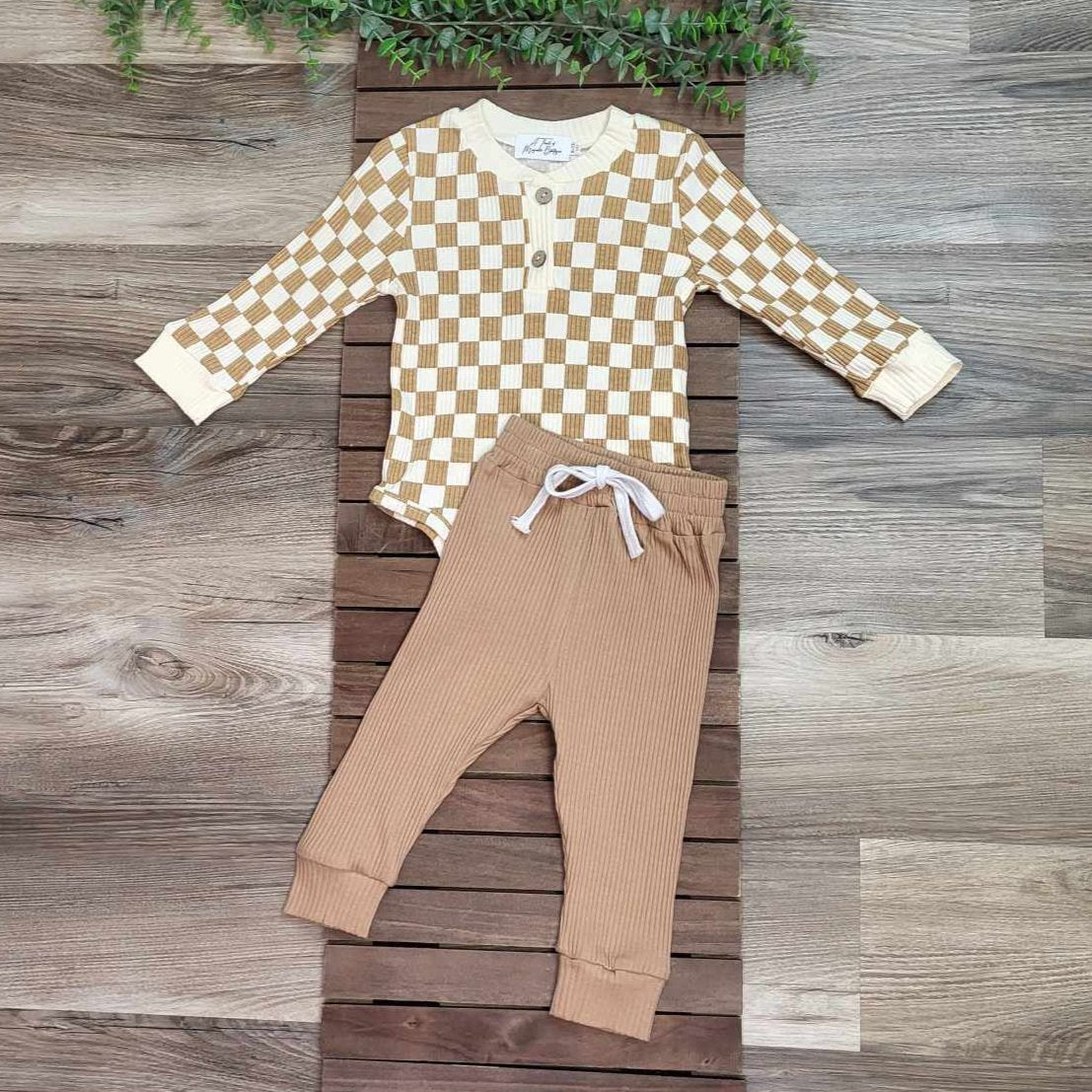 Brown Checkered Onesie Jogger Set A Touch of Magnolia Boutique