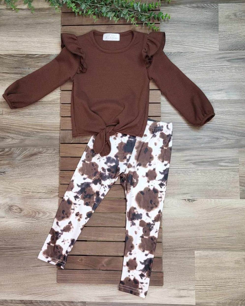 Brown Waffle Front Tie Top and Brown Cow Print Leggings A Touch of Magnolia Boutique
