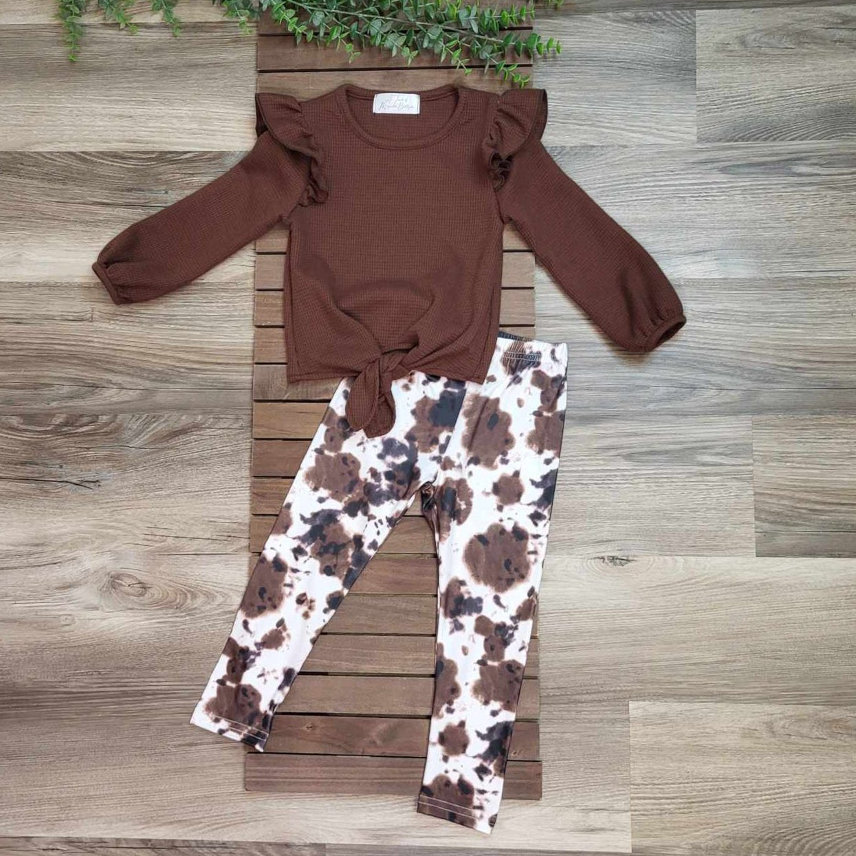 Brown Waffle Front Tie Top and Brown Cow Print Leggings A Touch of Magnolia Boutique