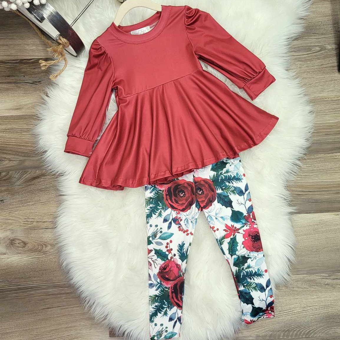 Burgundy Peplum Top and Floral Legging Outfit Set A Touch of Magnolia Boutique