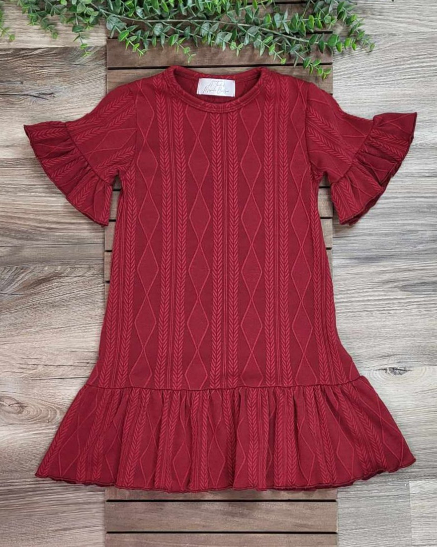 Burgundy Jacquard Half Sleeve Ruffle Dress A Touch of Magnolia Boutique