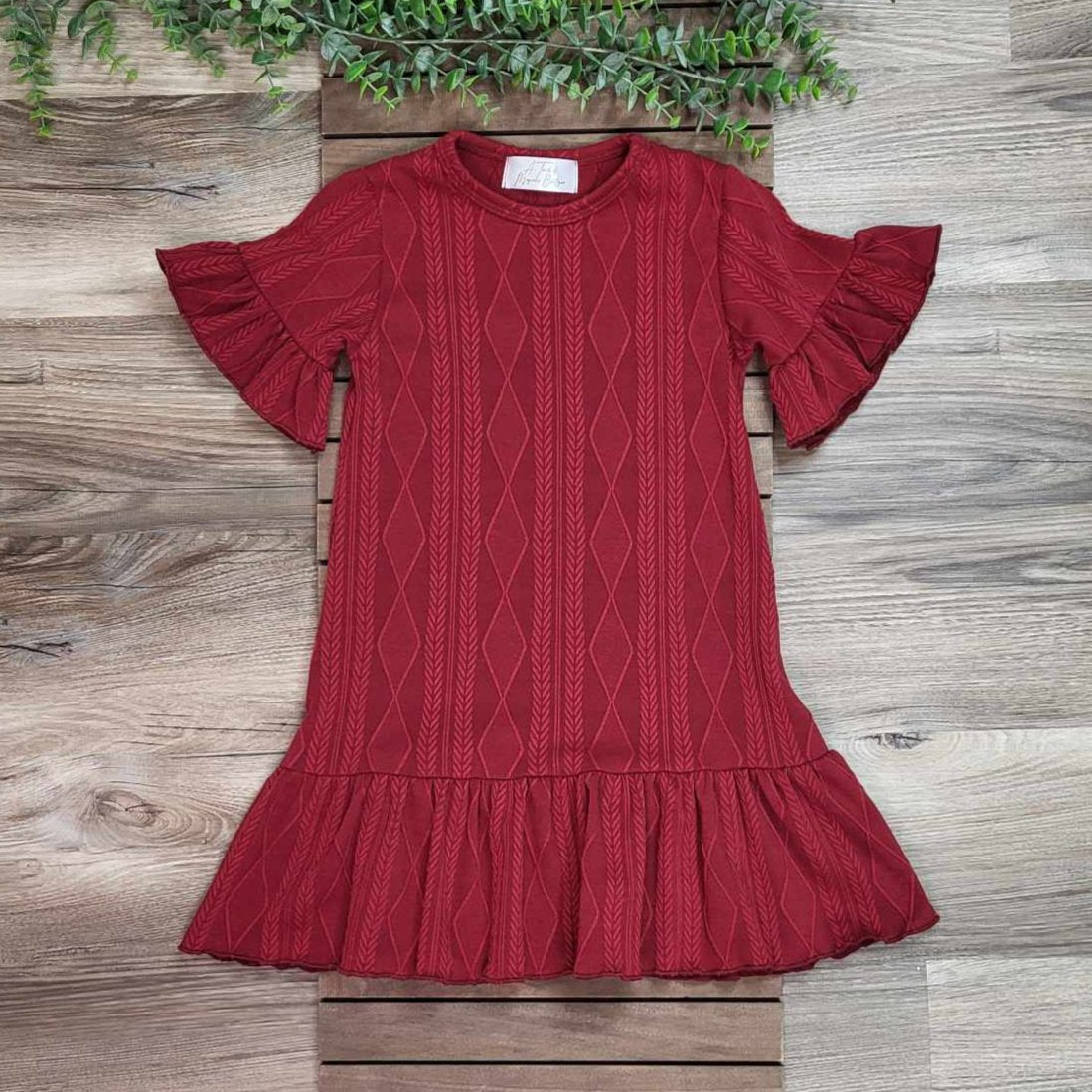 Burgundy Jacquard Half Sleeve Ruffle Dress A Touch of Magnolia Boutique