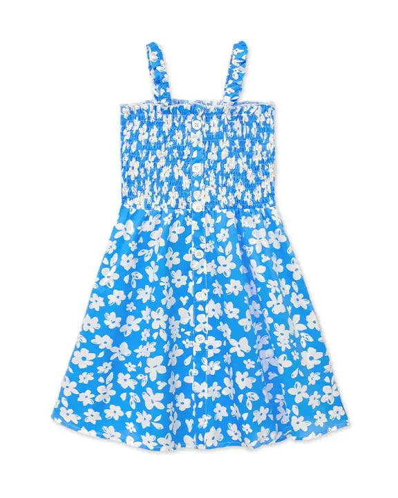 Girl's Floral Dress w/ Smocking & Buttons Blue White Floral Tween line A Touch of Magnolia Boutique
