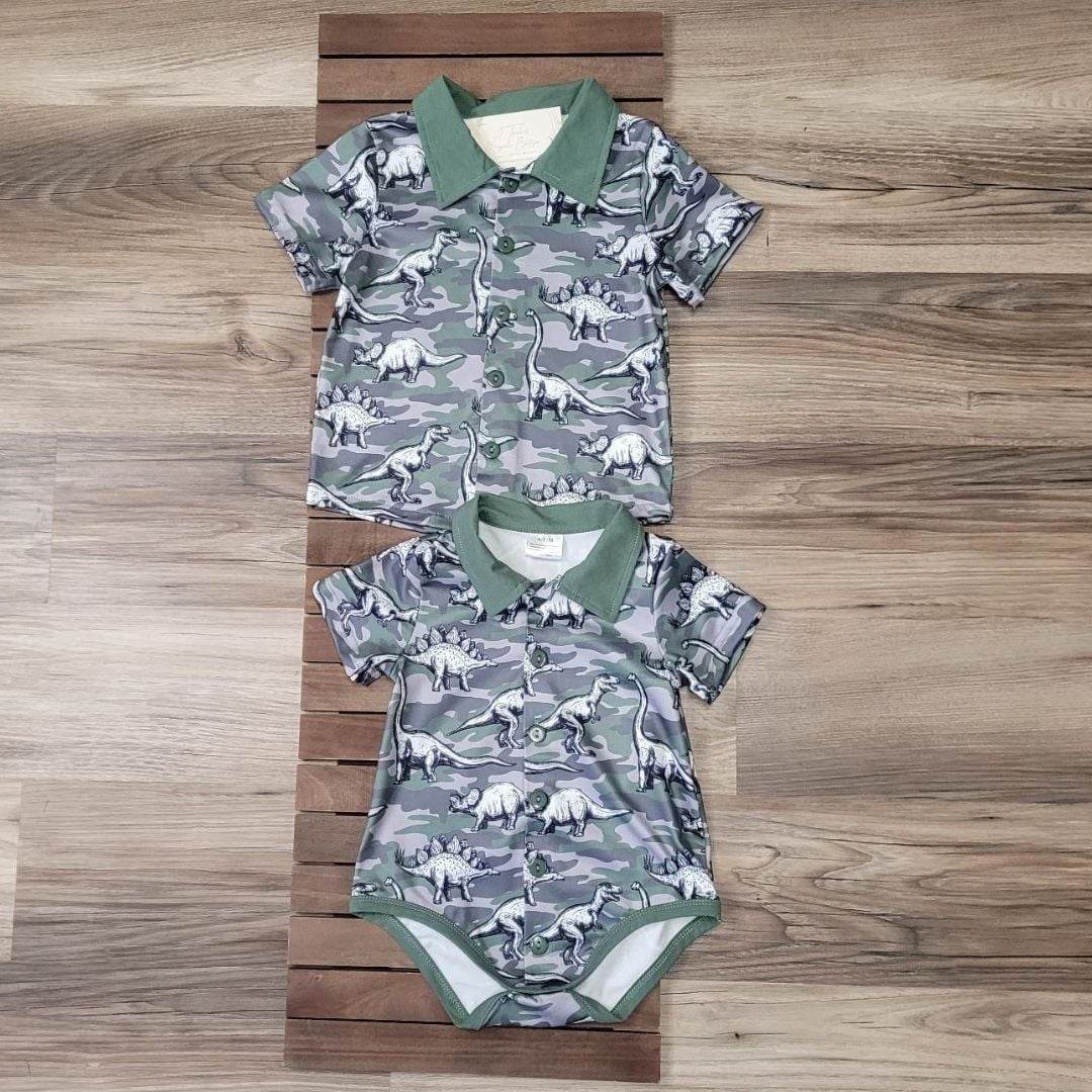 Boys Camo Dinosaur Short Sleeve Top A Touch of Magnolia Boutique