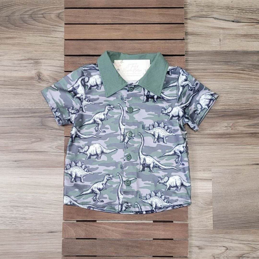 Boys Camo Dinosaur Short Sleeve Top A Touch of Magnolia Boutique