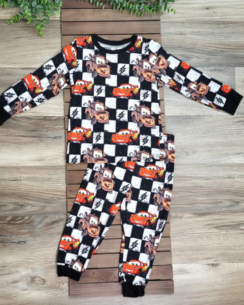 Bamboo Black and White Checkered Cars Print Two-Piece Pajama Set A Touch of Magnolia Boutique