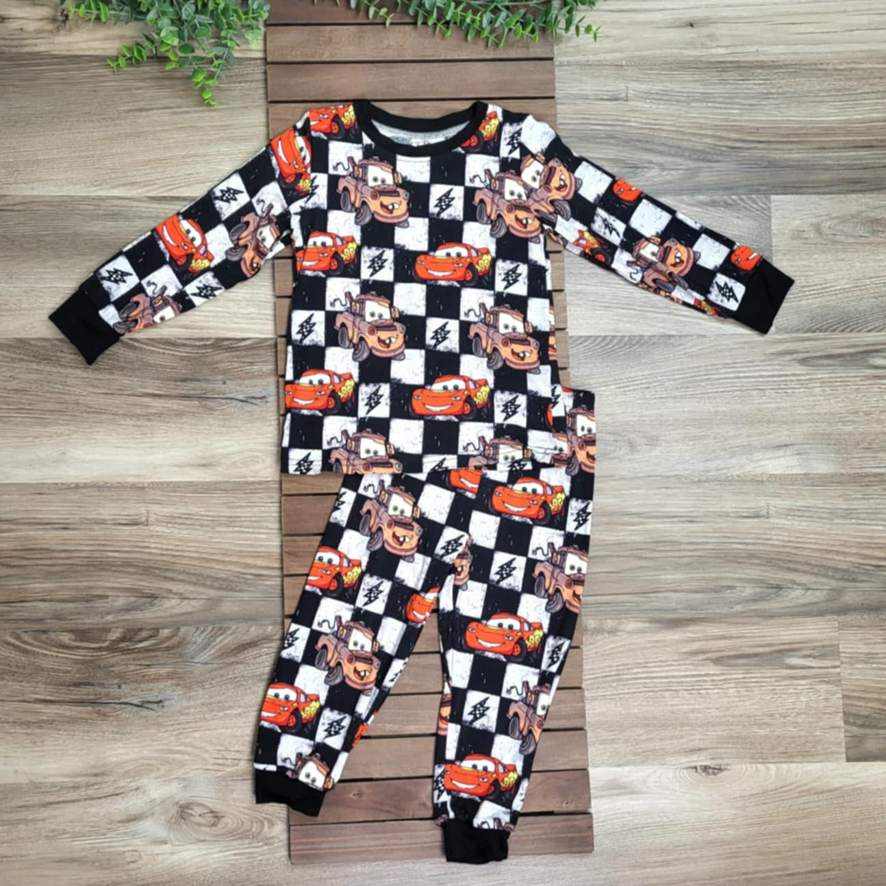 Bamboo Black and White Checkered Cars Print Two-Piece Pajama Set A Touch of Magnolia Boutique