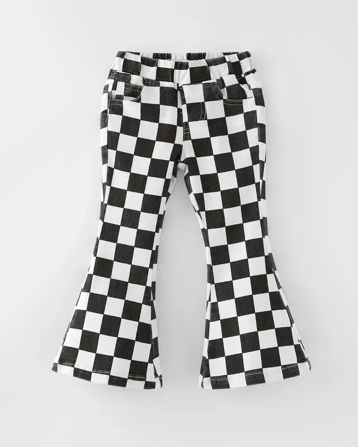 Black and White Check Print Flared Jeans w/ Elastic Waistband A Touch of Magnolia Boutique